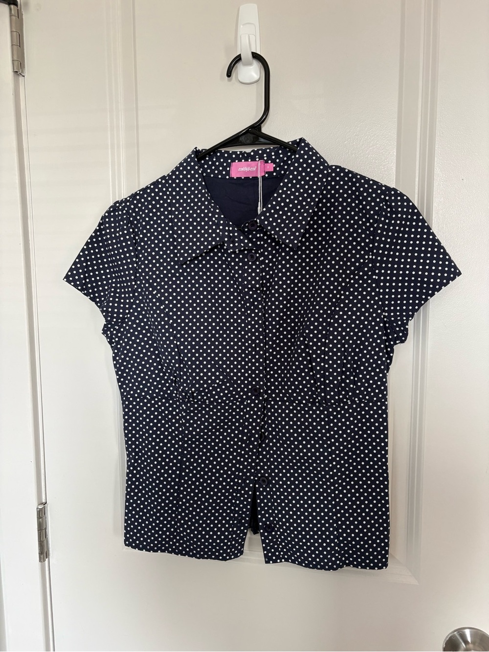 Edikted Navy and White Polka Dot Short Sleeve Button-Down Shirt